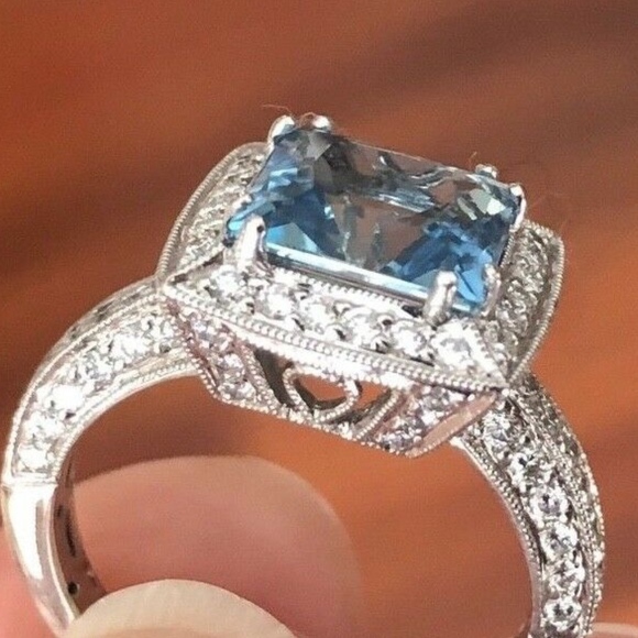 Designer SIMON G ~ .88 TCW Diamond and 8MM Aquamarine Ring in 18K White Gold - Picture 12 of 15